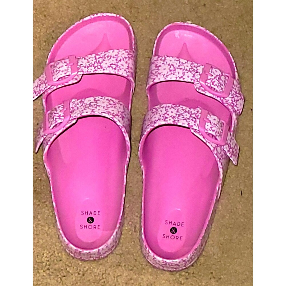 Shade & Shore Pink Floral Double Strap Buckle Slide Sandals Leather Women’s 9